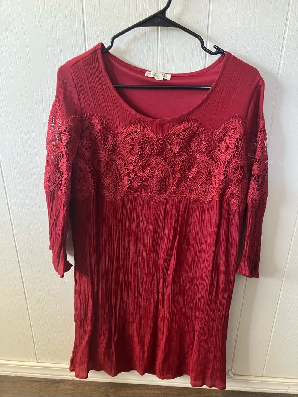 Women's Crochet-Yoke Tunic in Deep Red by indigo rose